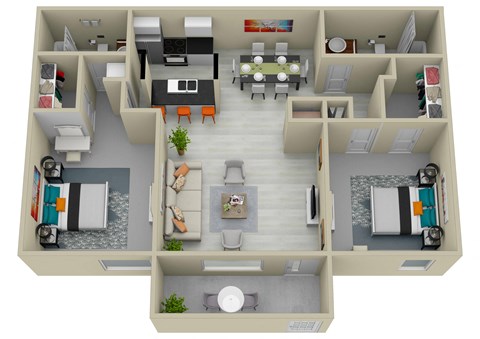a 3d rendering of a floor plan with bedrooms and a living room